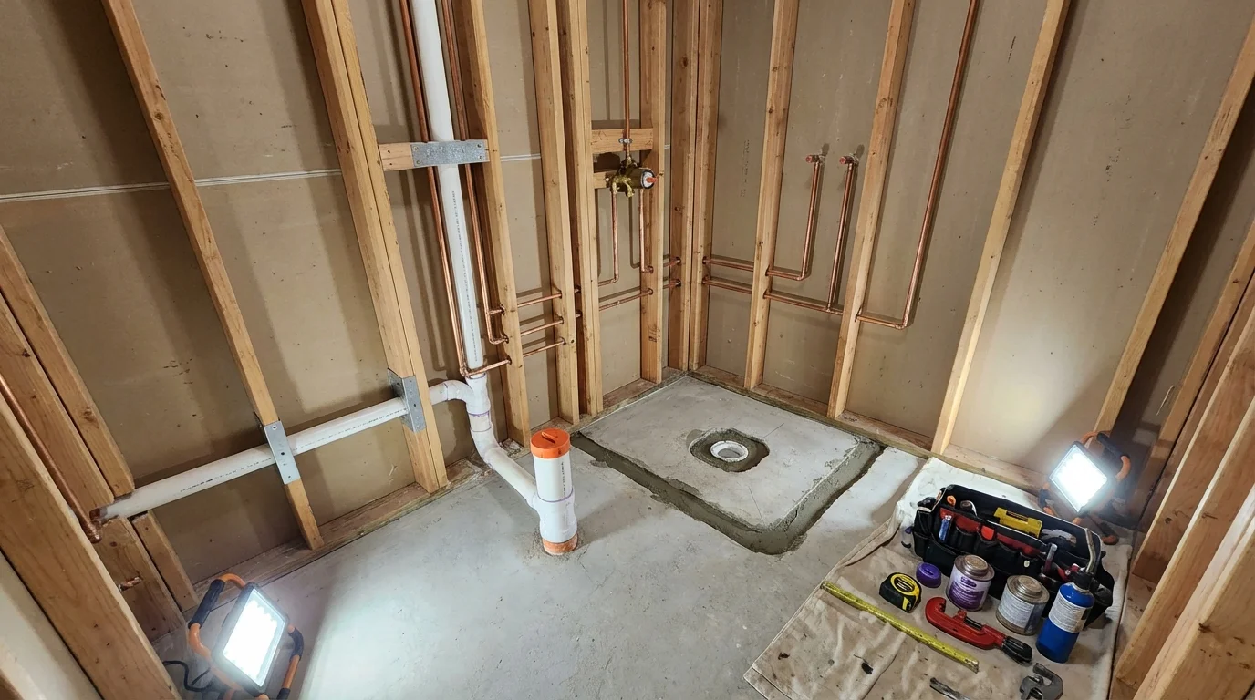 Bathroom rough-in plumbing during remodel by Johns Plumbing LLC in Niantic