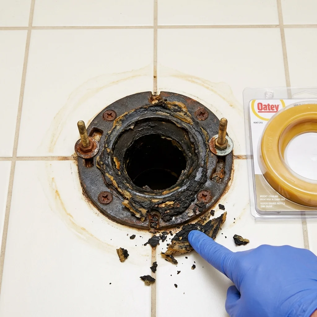 Failed wax ring showing water seepage at the base of a toilet in a Niantic, CT home